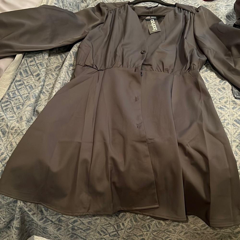 Large Black button through volume sleeve Smock Dress